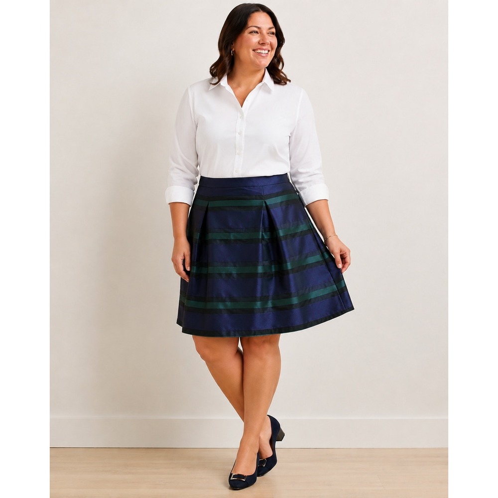 Talbots Plus Size 18 Navy Green Striped A-Line Skirt Sheer Overlay  Midi Career
